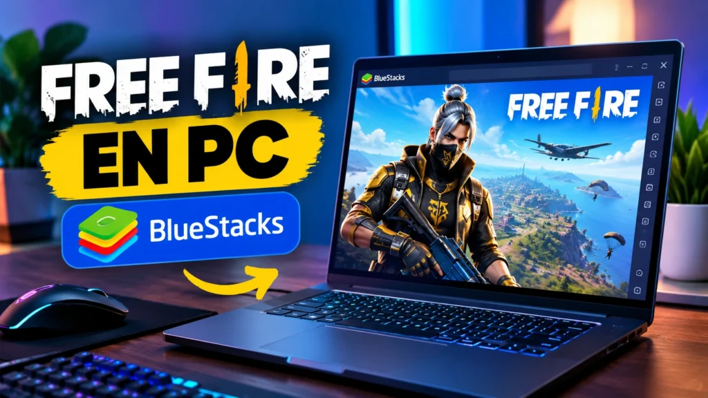Imagen de Free Fire ejecutándose en una computadora portátil mediante el emulador BlueStacks.