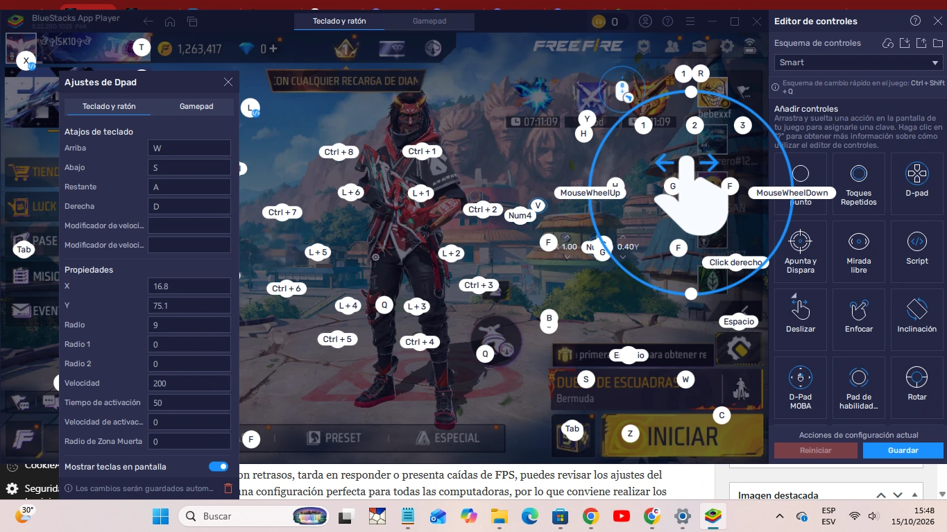 Controles de teclado y ratón visibles en Free Fire ejecutándose en BlueStacks.