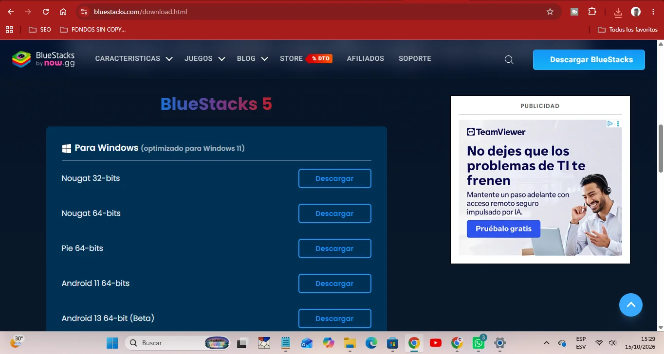 Página oficial de BlueStacks con la opción de descarga del emulador para Windows.