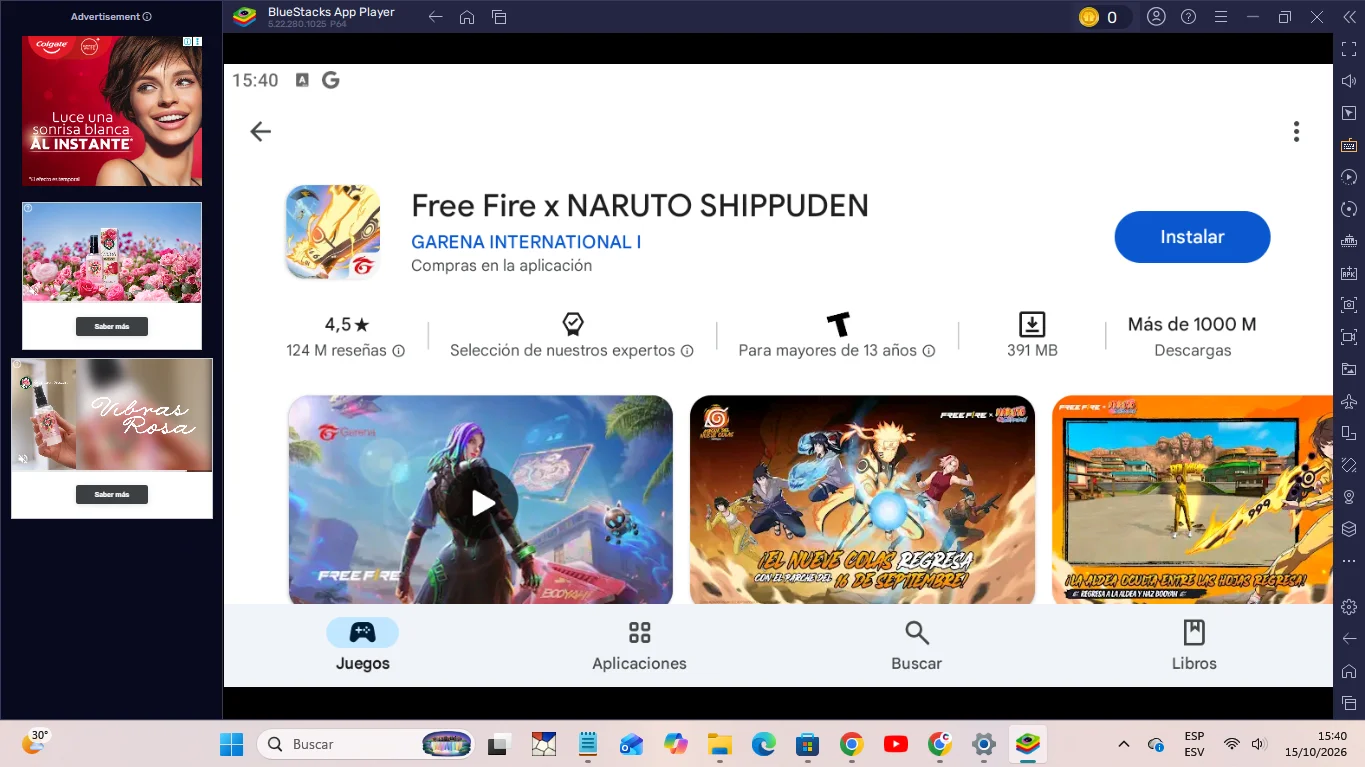 Resultado de Free Fire en Google Play Store dentro del emulador BlueStacks.